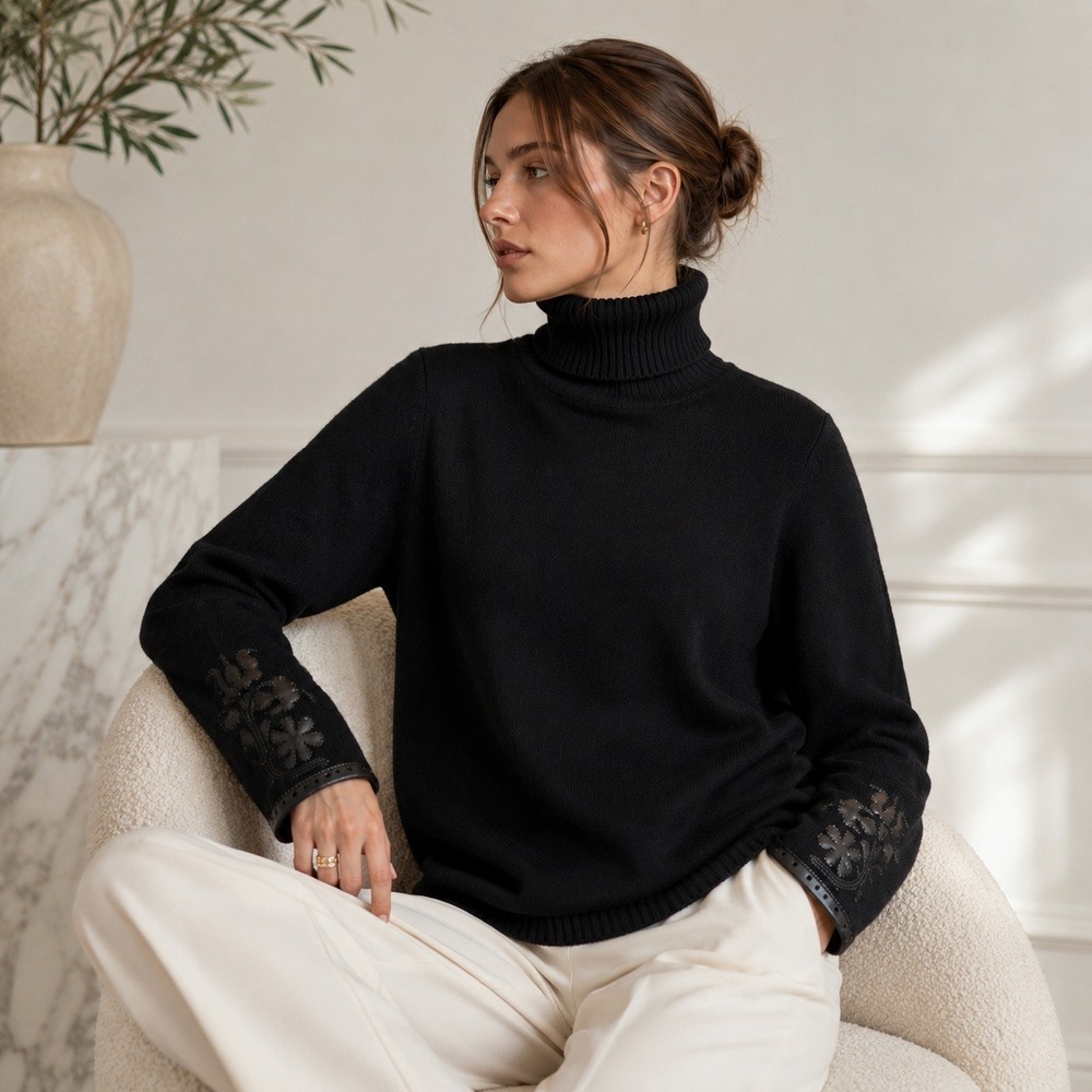 Bogner Leather Applique Turtleneck Sweater Womens Size 4 Black Virgin Wool Knit